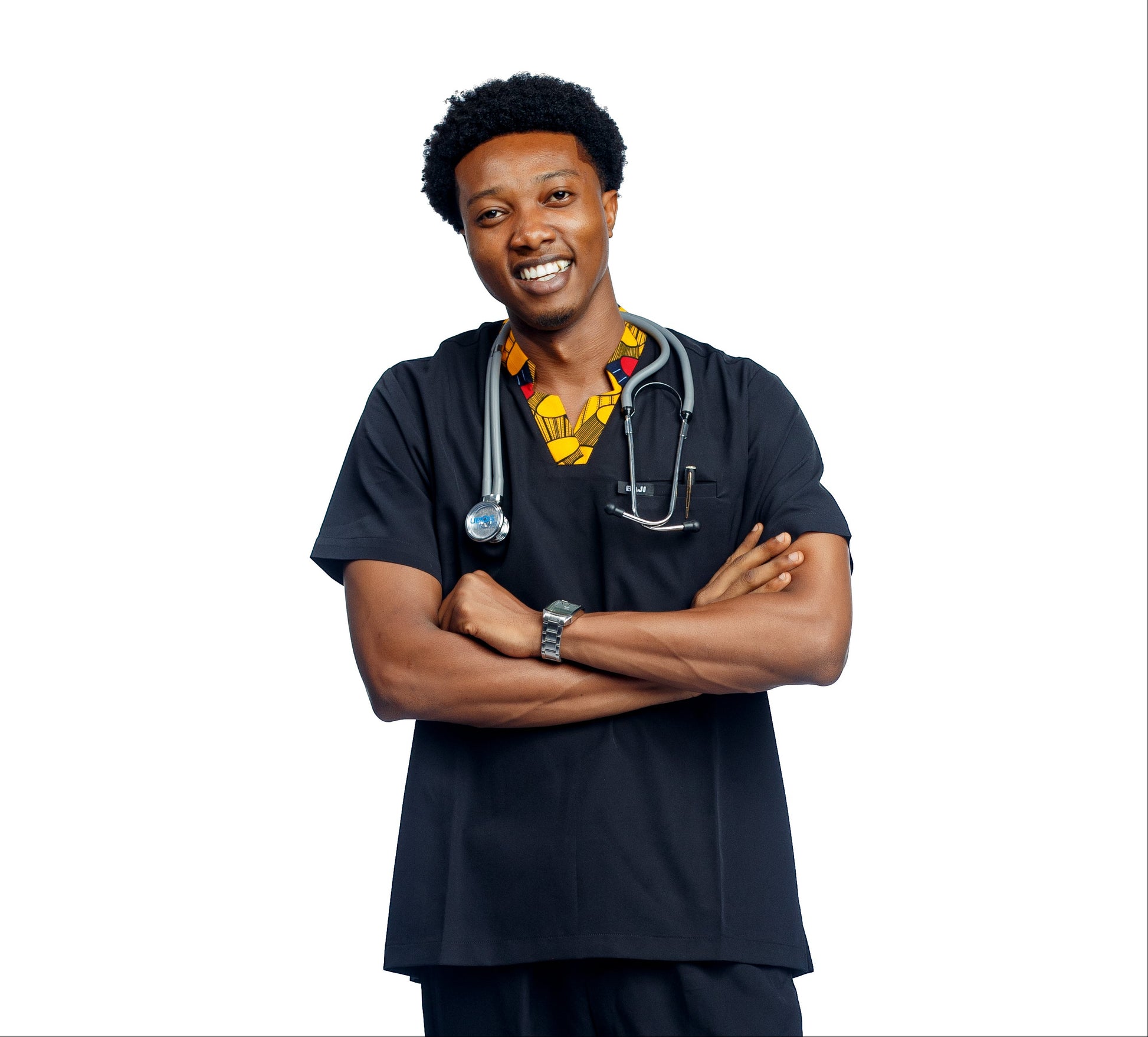 Person wearing a medical scrub outfit with a stethoscope on a white background